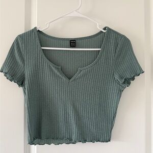 SHEIN Ribbed Notch V-Neck Crop Top in Sage Green